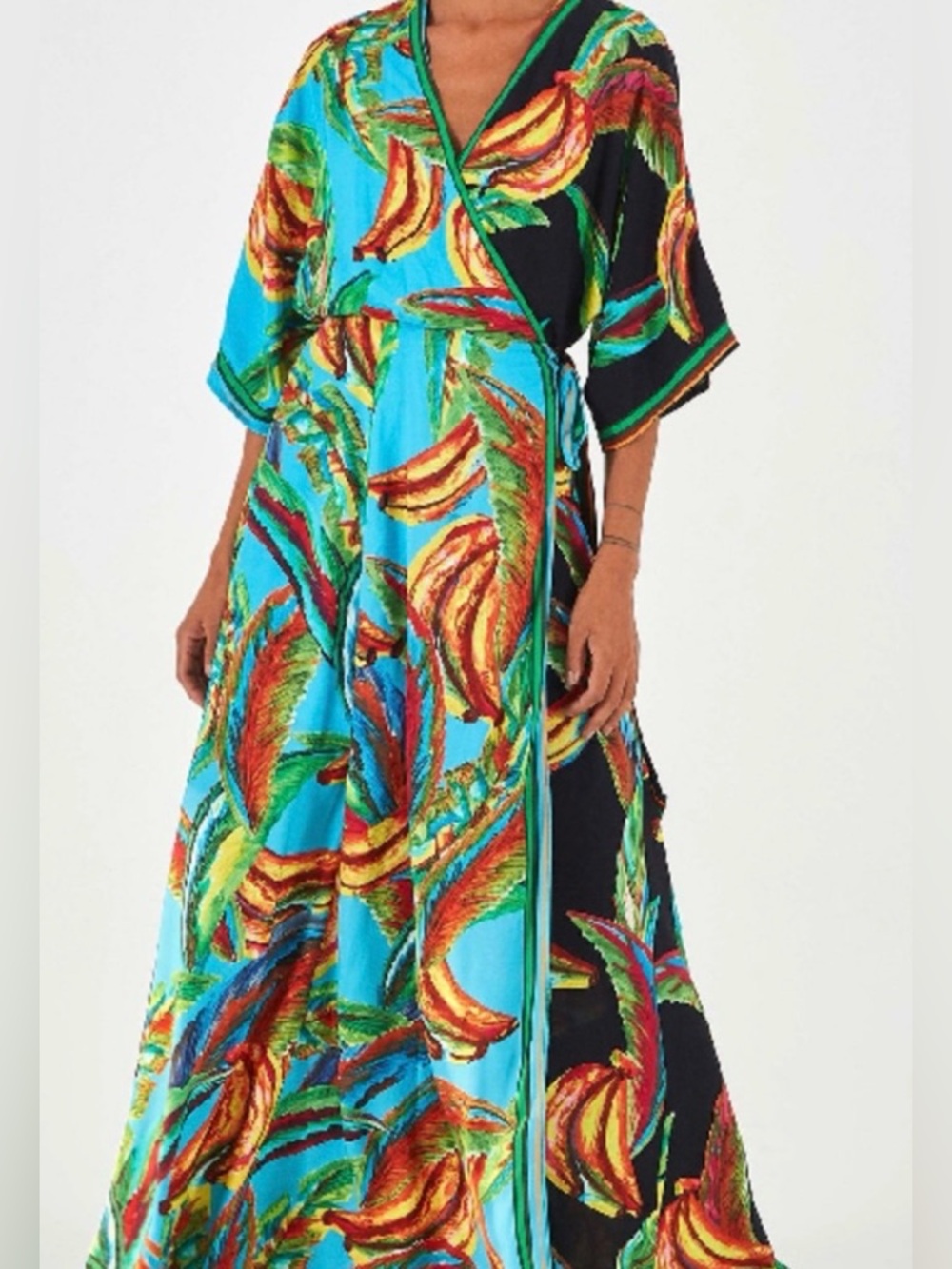 FARM Rio Turquoise & Black Tropical Wrap Maxi Dress size L